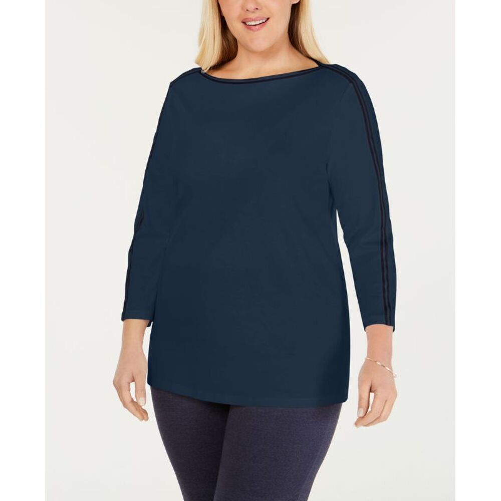 Charter Club Plus Size Cotton Athletic-Trim Top